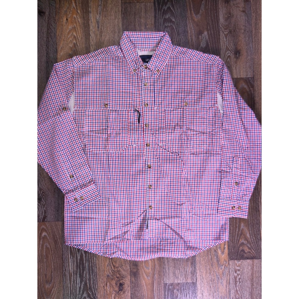 Turnrows Mens Medium Navy Red Gingham Cotton Fishing Button Down Shirt NWT